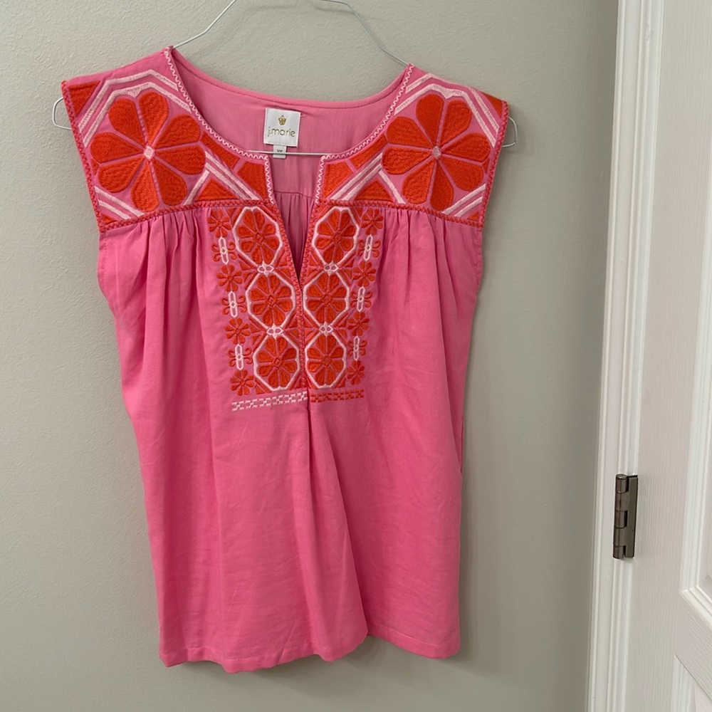 j Marie top. Embroidered pink and orange